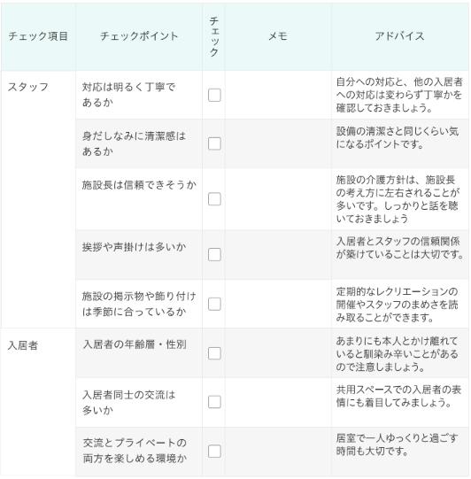 老人ホーム見学時のチェックシート2