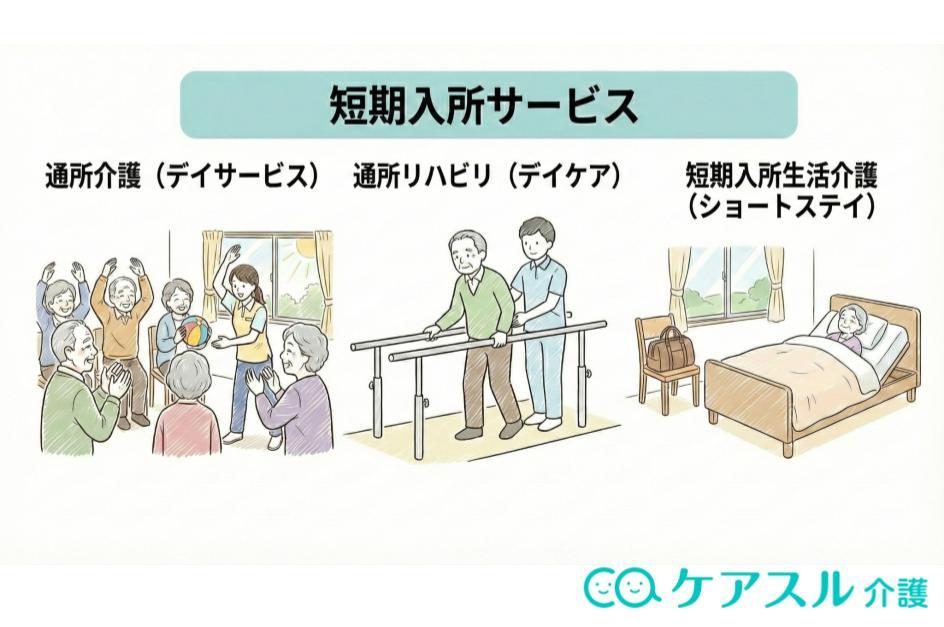 短期入所サービス(デイサービス、デイケア、ショートステイ)の比較イメージ図