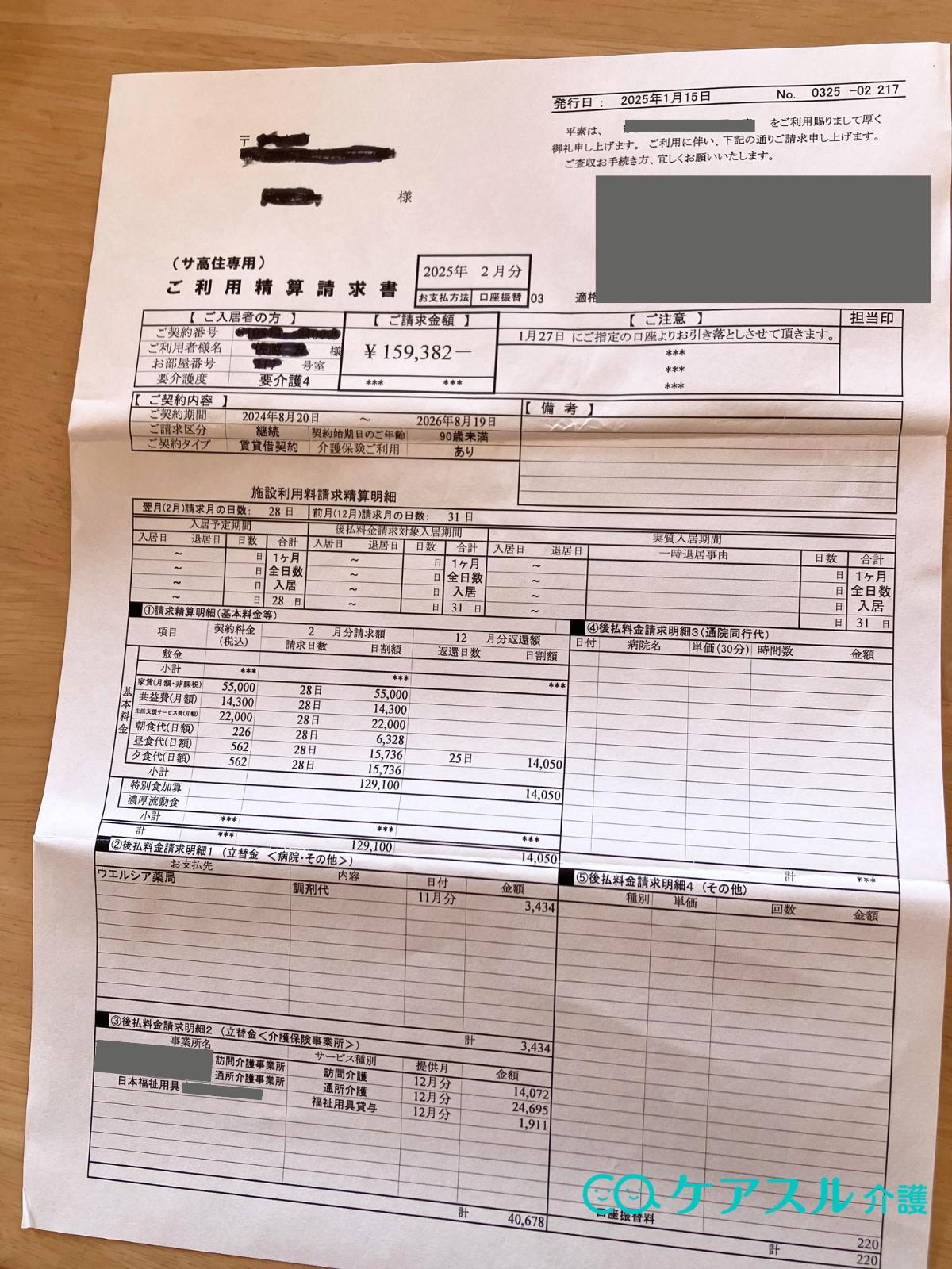 サービス付き高齢者向け住宅(サ高住)(要介護4)の請求書例