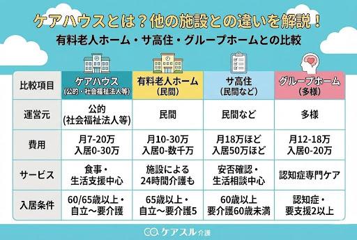 ケアハウスと有料老人ホームや特別養護老人ホームなどの違いをまとめた比較図