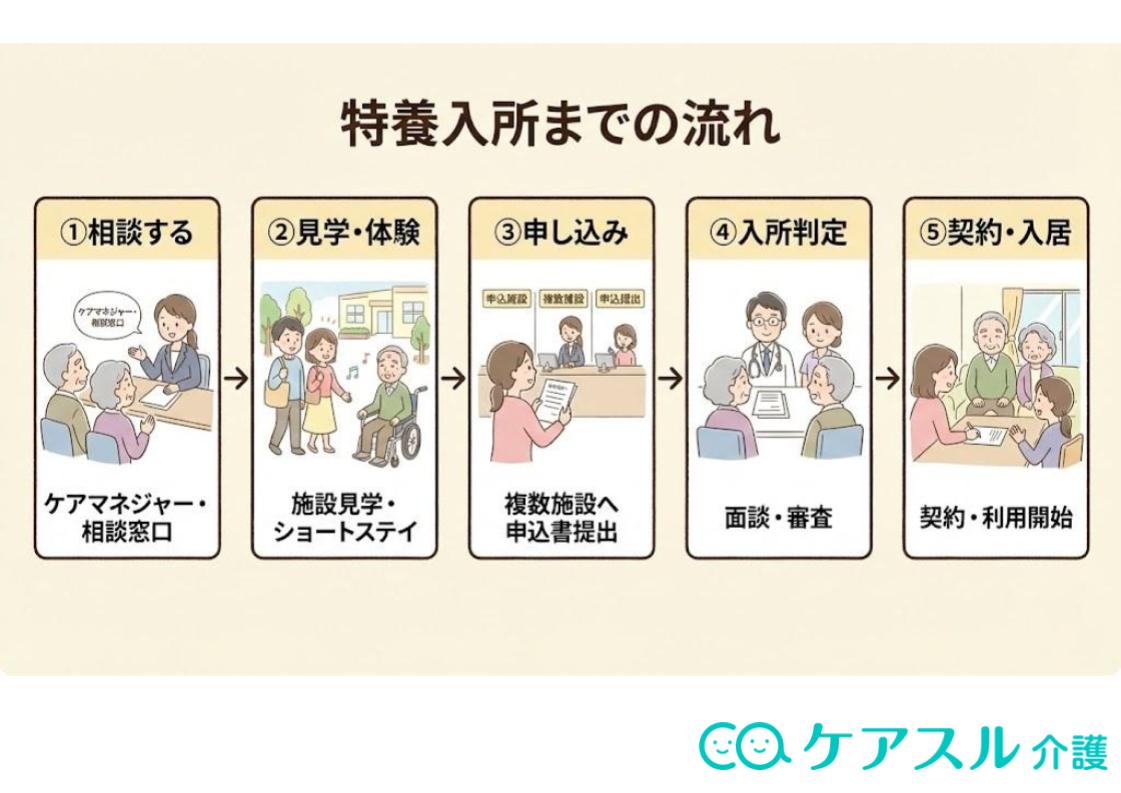 特養を探してから入所するまでの5つの流れ(相談、見学・体験、申し込み、入所判定、契約・入居)