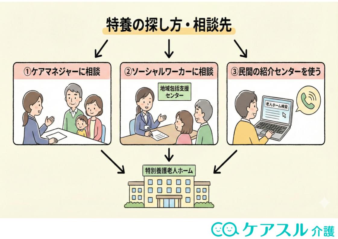 特養の3つの探し方・相談先(ケアマネジャー、ソーシャルワーカー、民間の紹介センター)