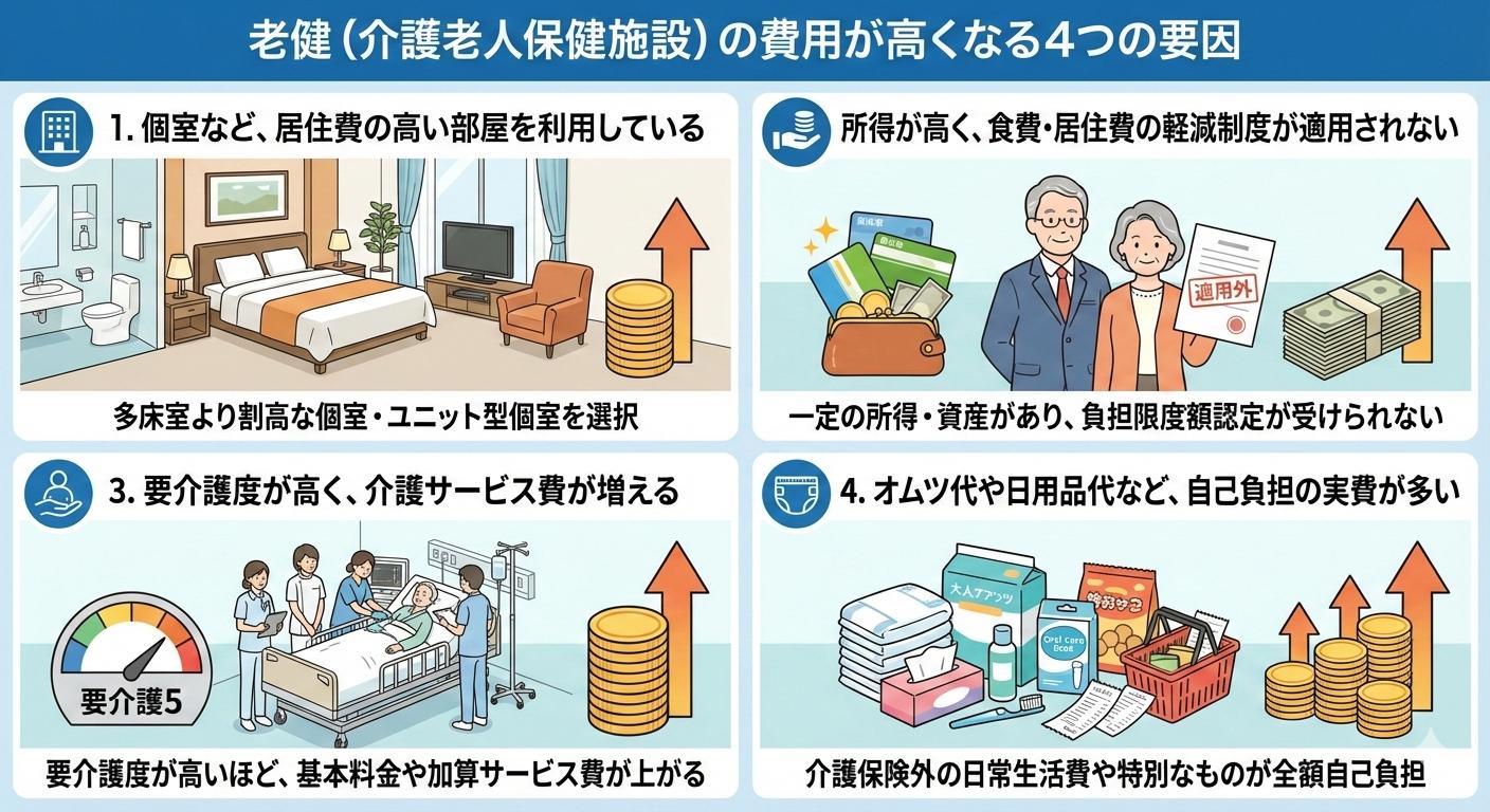 老健(介護老人保健施設)の費用が高くなってしまう主な理由や要因