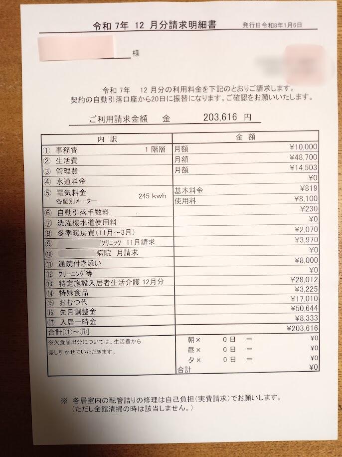 介護型ケアハウス(特定施設入居者生活介護)の月額費用・請求書サンプル