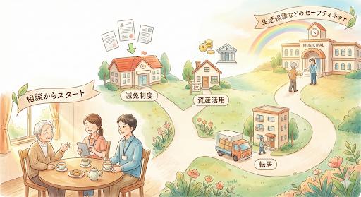 老人ホーム費用が払えない場合の解決ステップ図