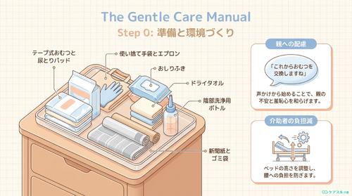 おむつ交換の準備物と環境づくりのイラスト