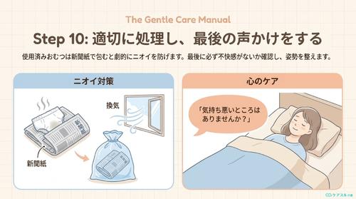 使用済みおむつの適切な処理と最後の声かけのイラスト