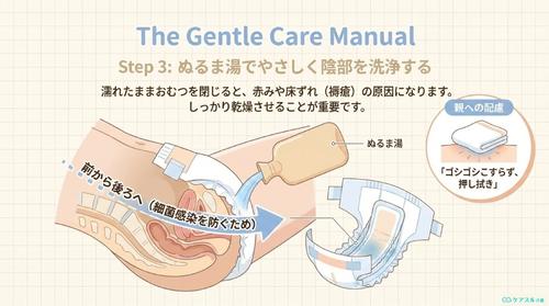 ぬるま湯で陰部をやさしく洗浄する手順のイラスト