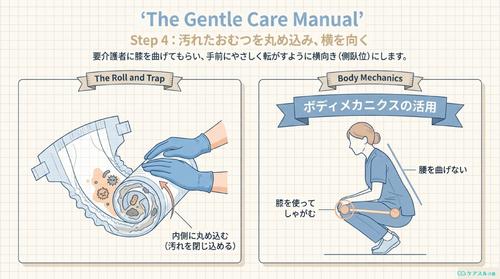 汚れたおむつを丸め込み体を横向きにする手順のイラスト