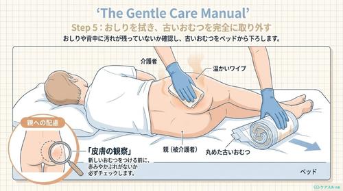 おしりを拭き古いおむつを完全に取り外す手順のイラスト