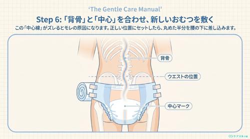 背骨と中心を合わせて新しいおむつを敷く手順のイラスト