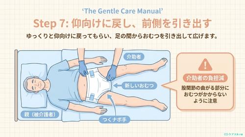 仰向けに戻しおむつの前側を引き出す手順のイラスト